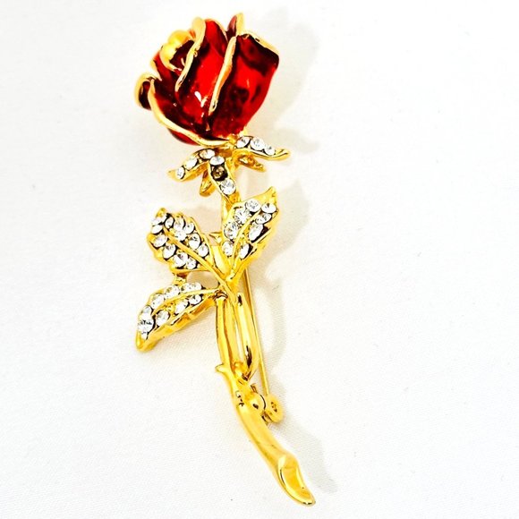 Single Enameled Rose Brooch w/Rhinestones - Picture 4 of 7